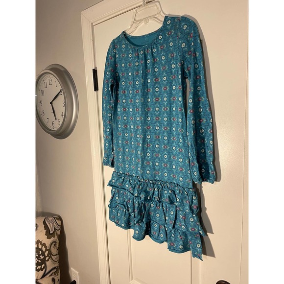 Lands End Girls Blue Flower Long Sleeve Ruffle Dress sz10 - Picture 3 of 6